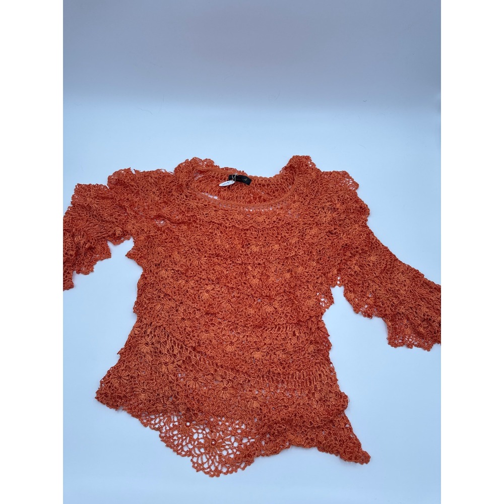 Ania A Orange Crochet Knit Tiered Ruffle Floral Top L/XL Rayon Boho Scoop Neck - Picture 6 of 10